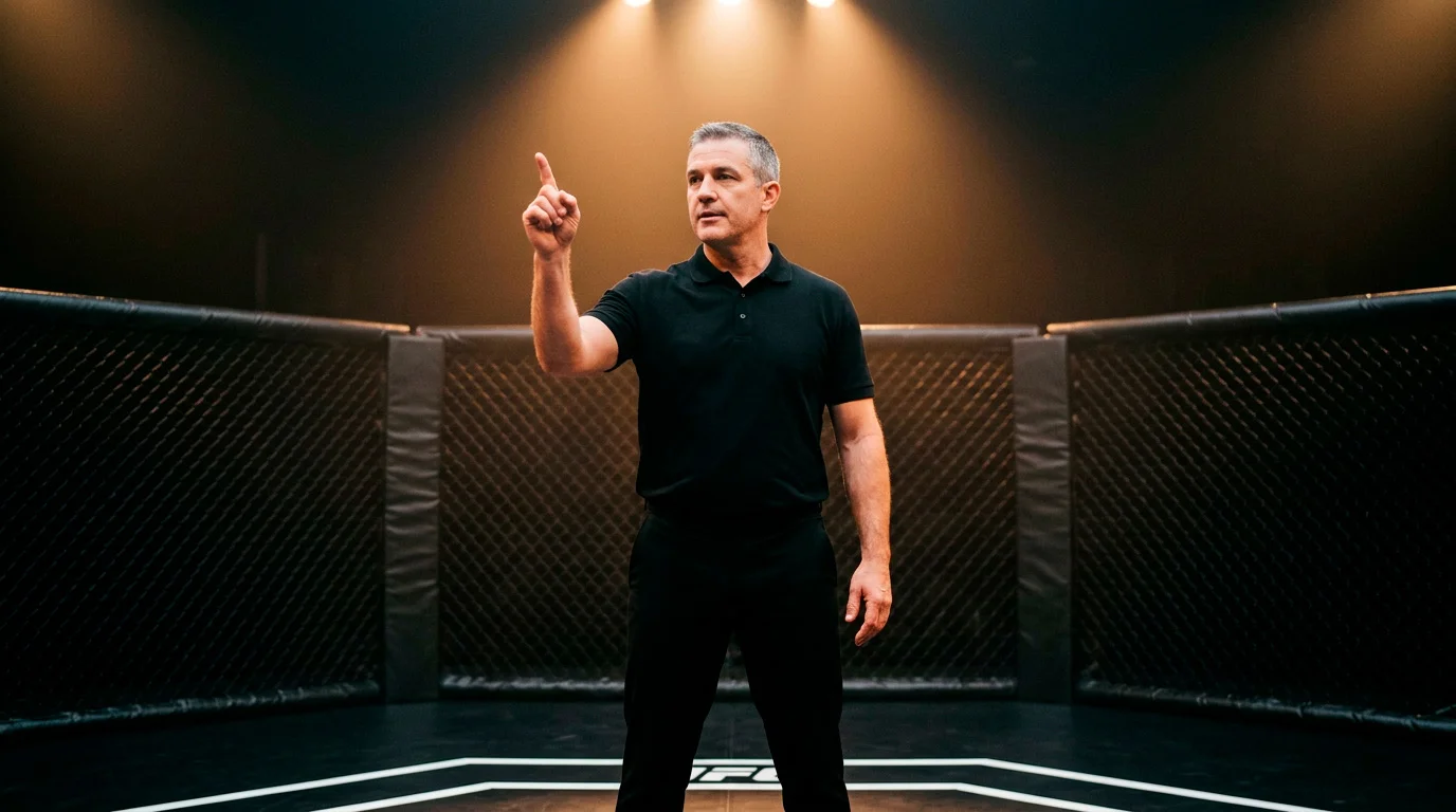 Referee standing centre-cage during a UFC bout raising an arm, symbolising independent oversight and regulated competition